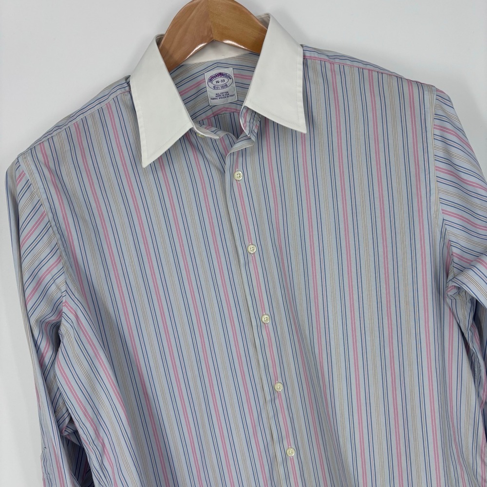 VTG Brooks Brothers Makers Striped Dress Shirt Men 16-33 Contrast Collar USA